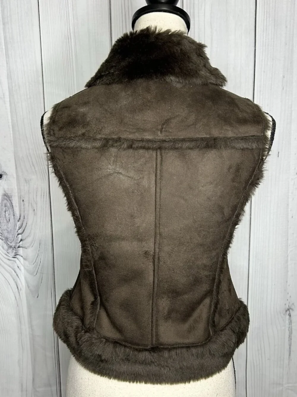 Bebe Faux Fur Suede Vest Womens Sz XS Brown Full Zip Vintage